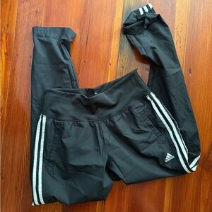 Adidas Black Track Pants with White Stripes, yoga waistband, ankle zippers sz sm